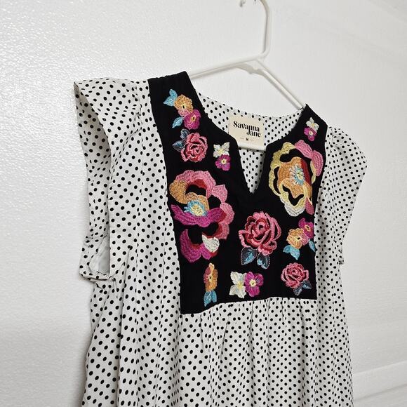 Savanna Jane Size M Shift Mini Dress Polka Dot Embroidered Floral Sleeveless - Picture 7 of 13